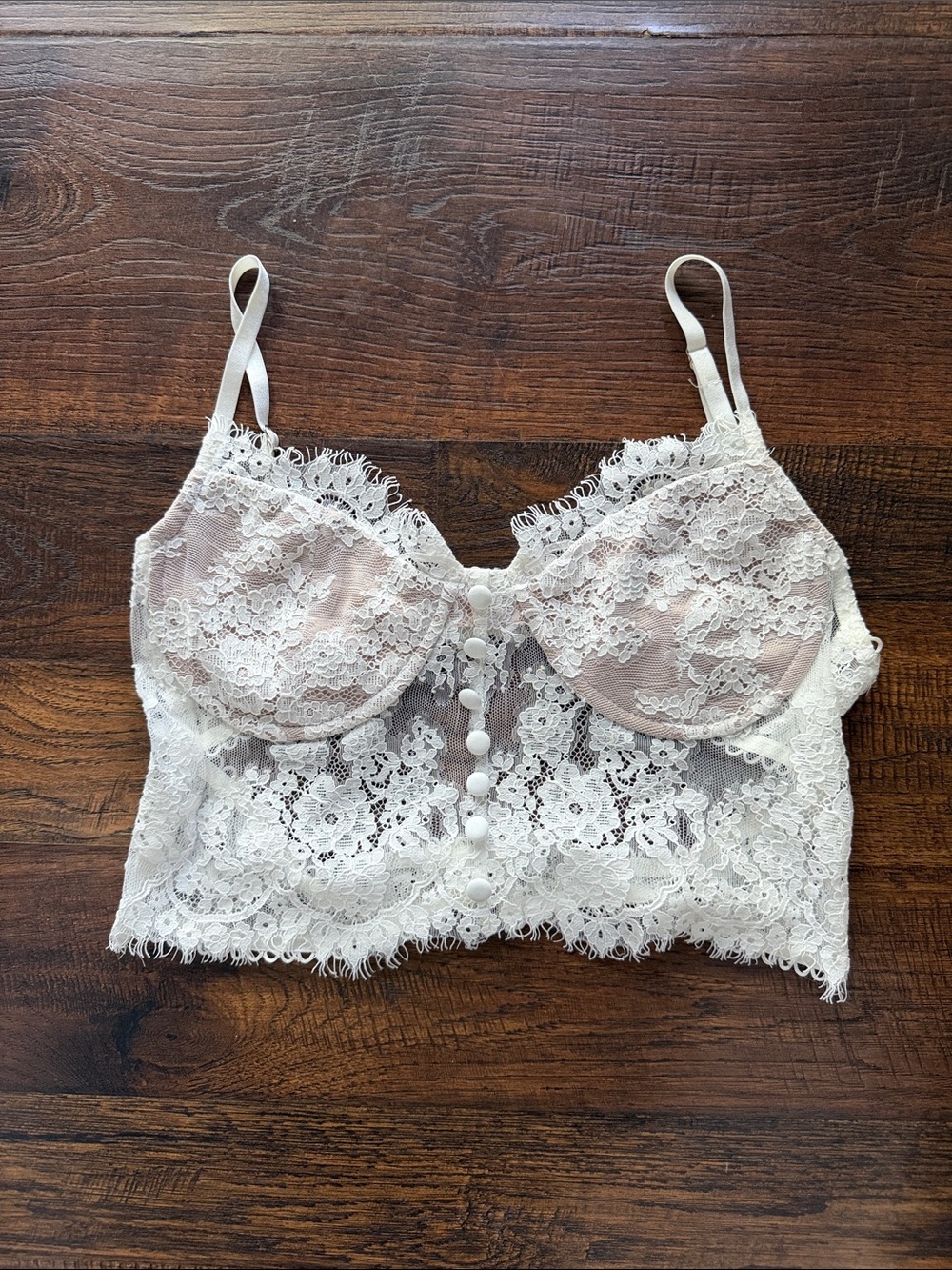 Sheer Lace Longline Bralette with Button-Front in Cream and Blush